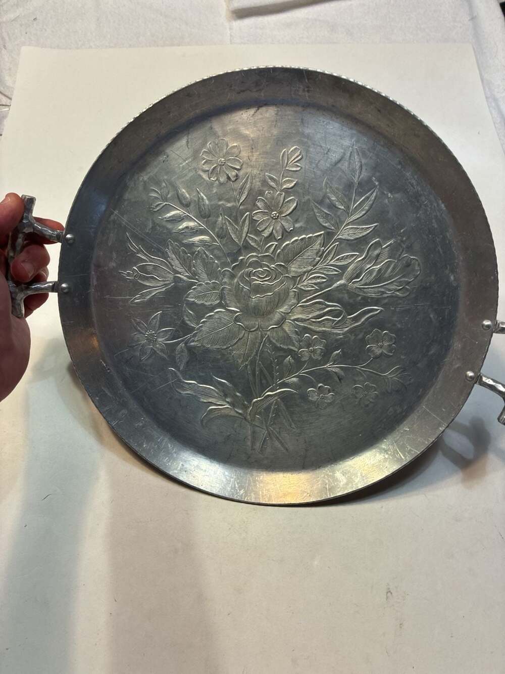 Vintage Hand Forged Everlast Metal Aluminum Round Tray With Handles - ,